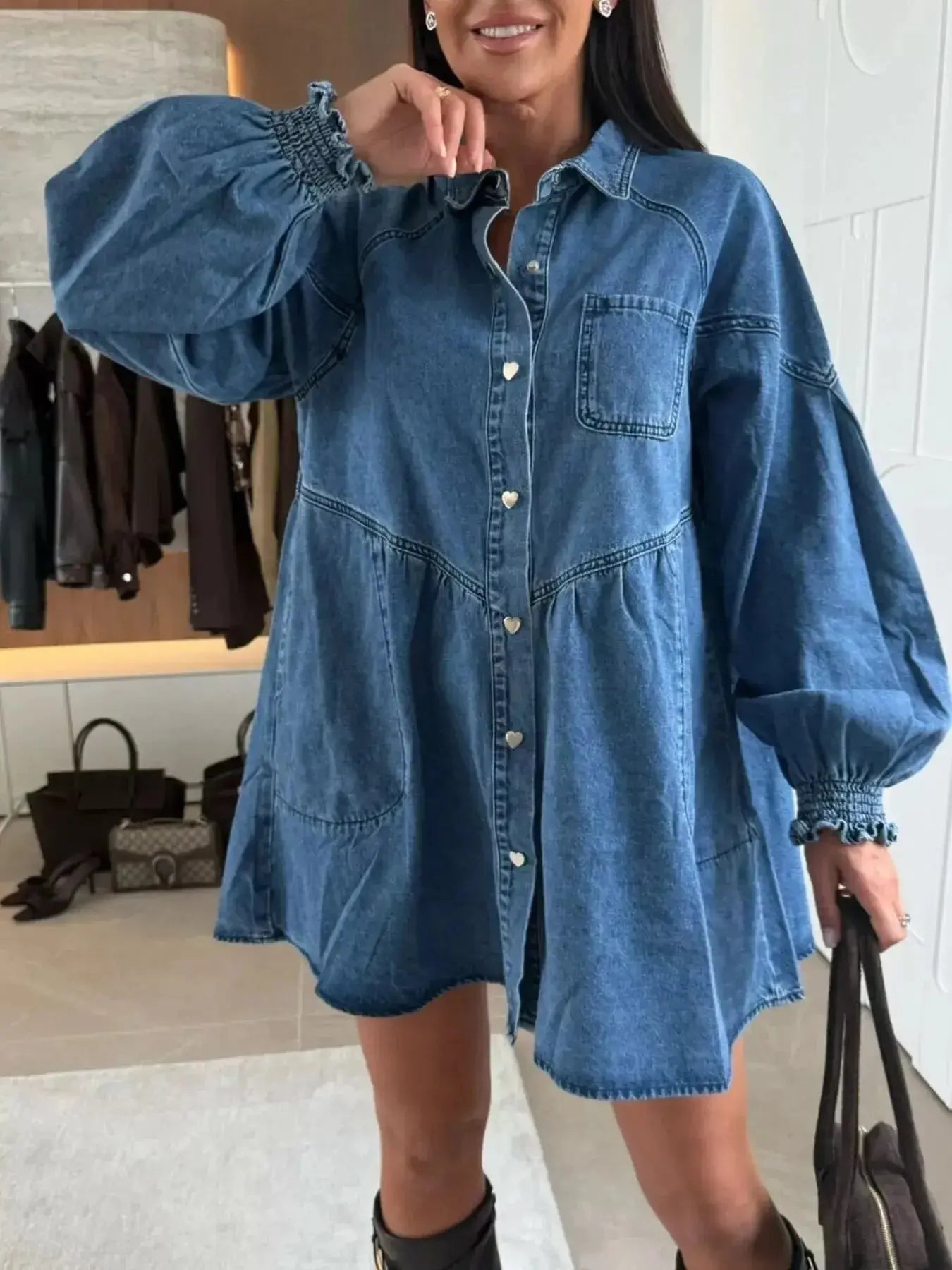 Button Down Mini Denim Dress with Front Pockets - Plush Fashion Hub