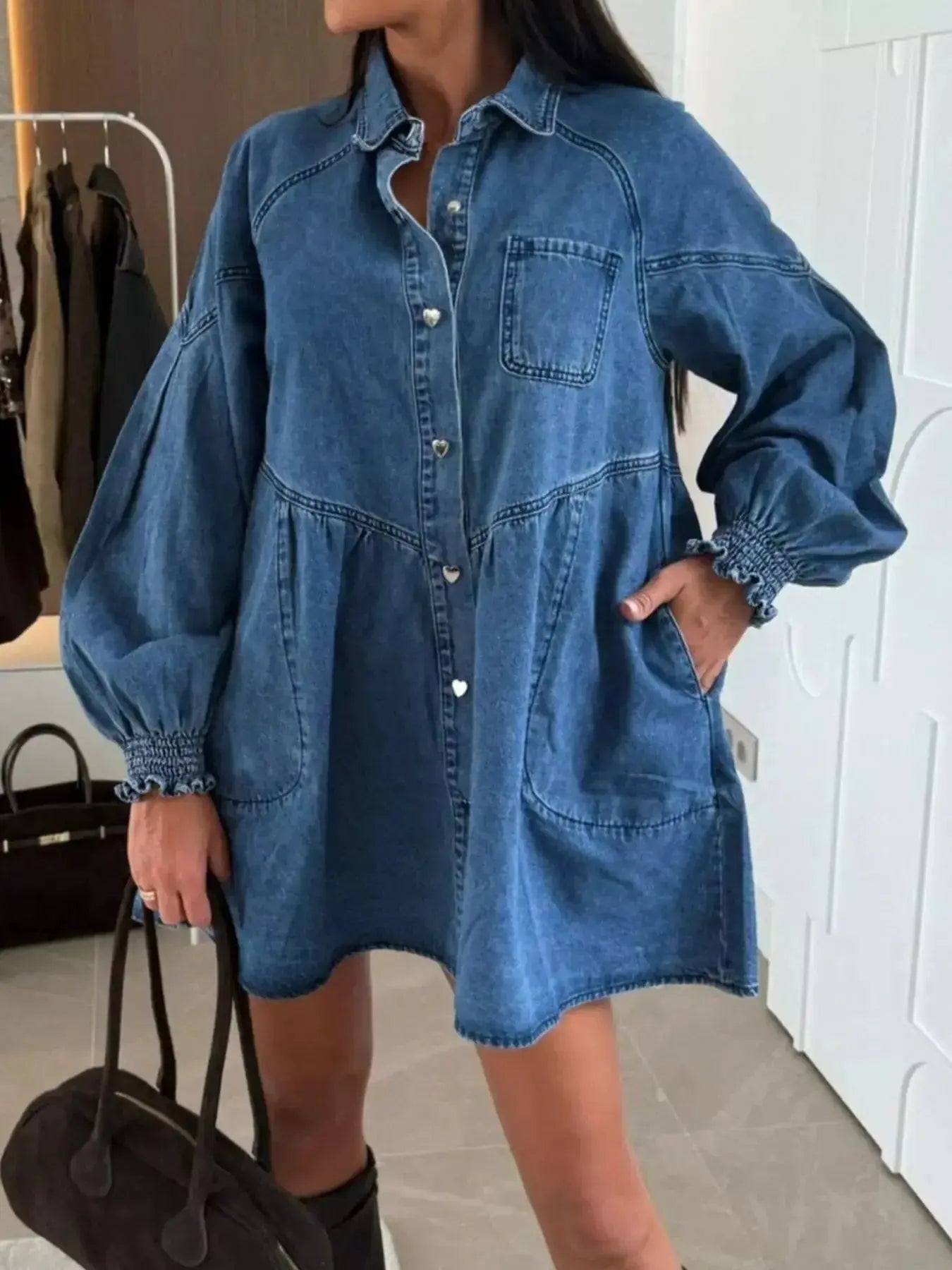 Button Down Mini Denim Dress with Front Pockets - Plush Fashion Hub
