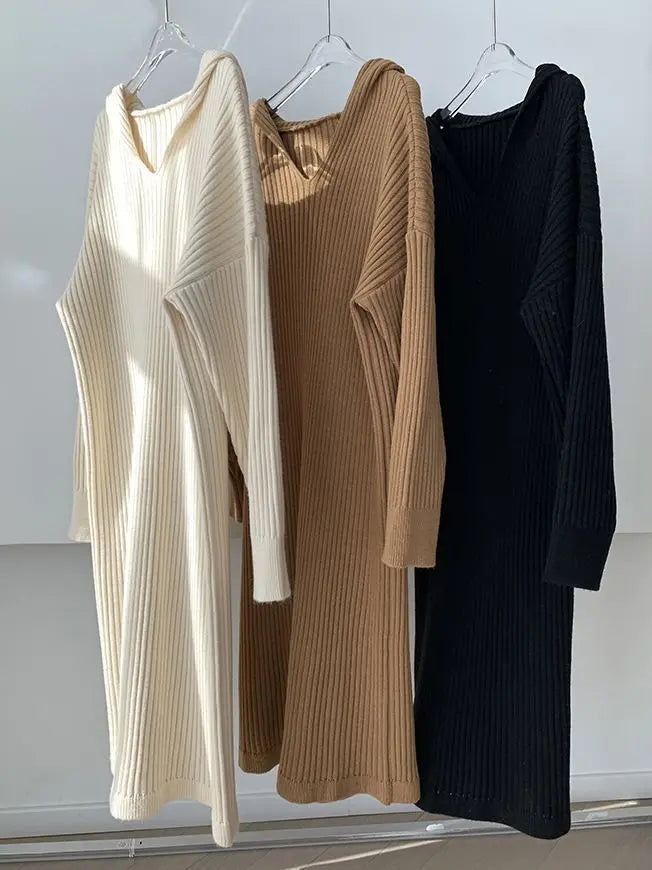 Casual Hooded Knitted Long Dress Plush Fashion Hub