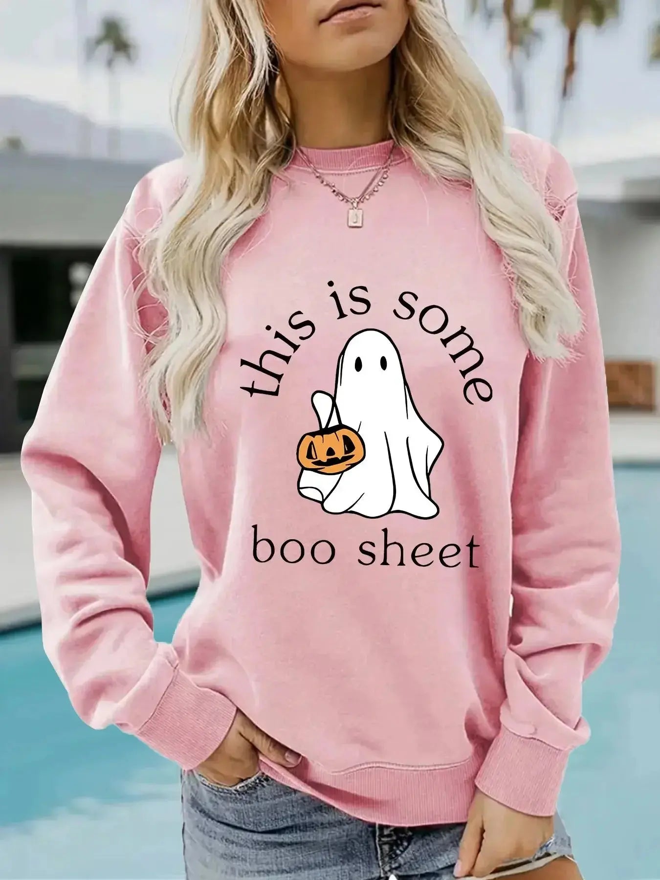 Casual Long Sleeve Boo Sheet Round Neck Halloween Printed Pullover Hoodies - Plush Fashion Hub