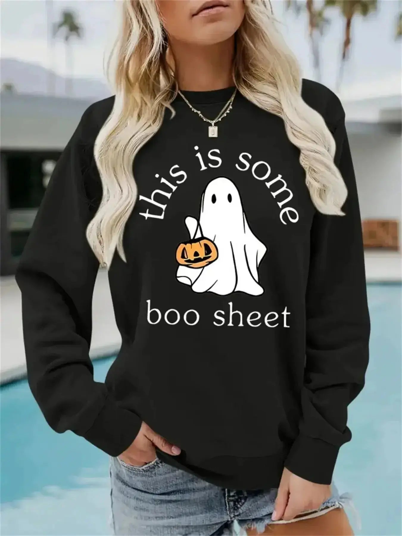 Casual Long Sleeve Boo Sheet Round Neck Halloween Printed Pullover Hoodies - Plush Fashion Hub