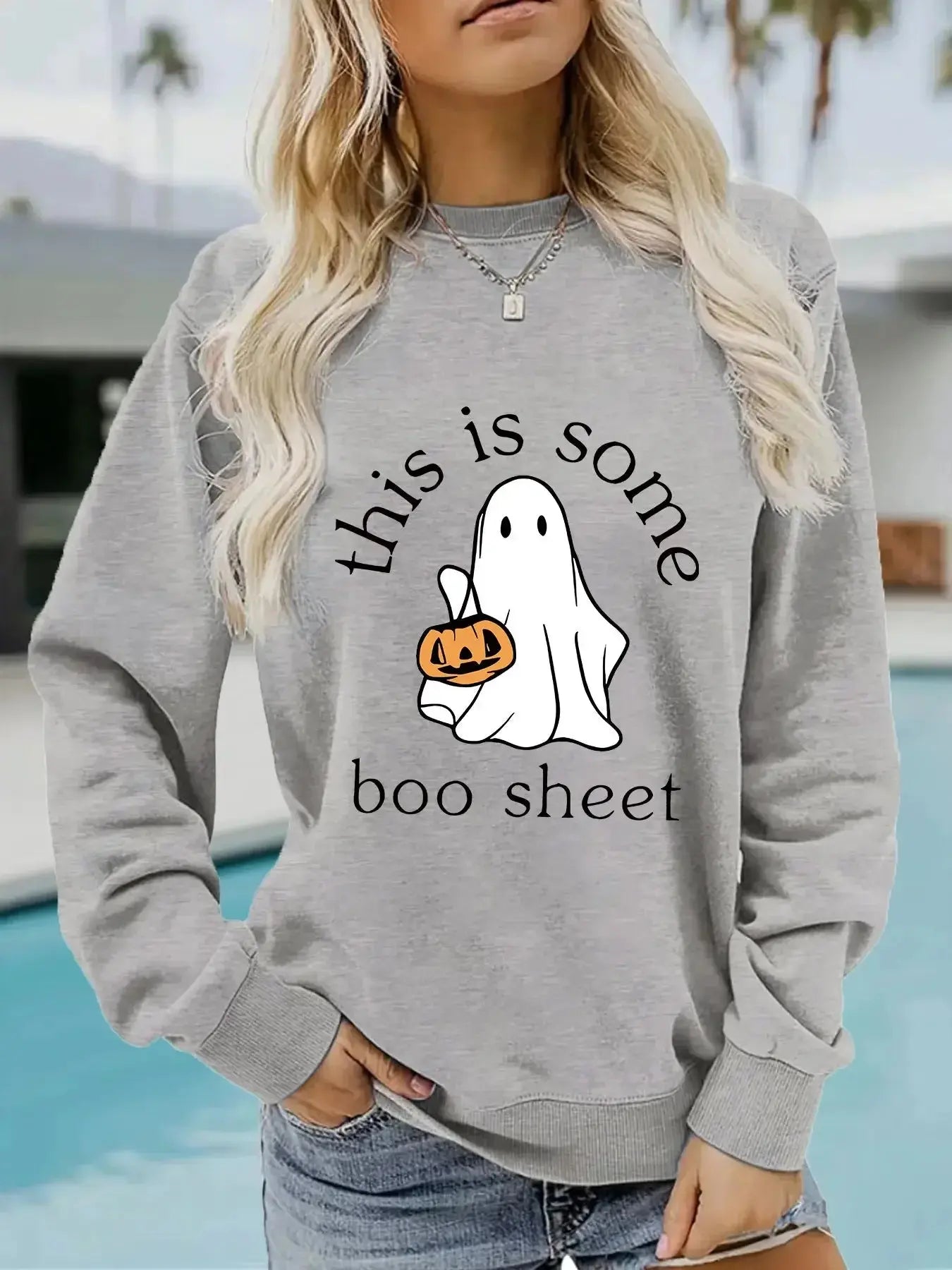 Casual Long Sleeve Boo Sheet Round Neck Halloween Printed Pullover Hoodies - Plush Fashion Hub