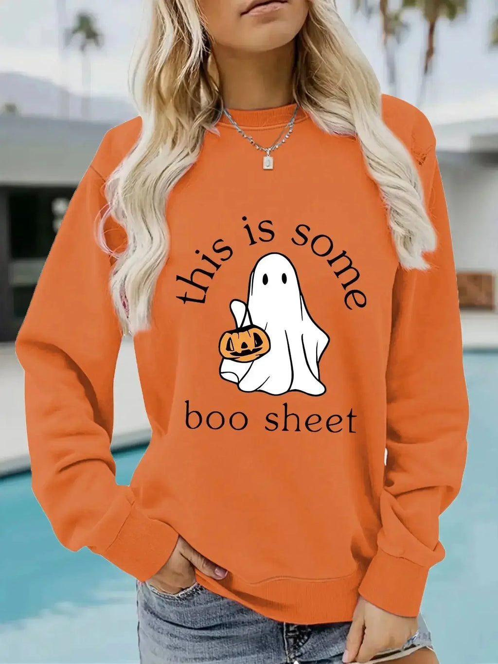 Casual Long Sleeve Boo Sheet Round Neck Halloween Printed Pullover Hoodies - Plush Fashion Hub