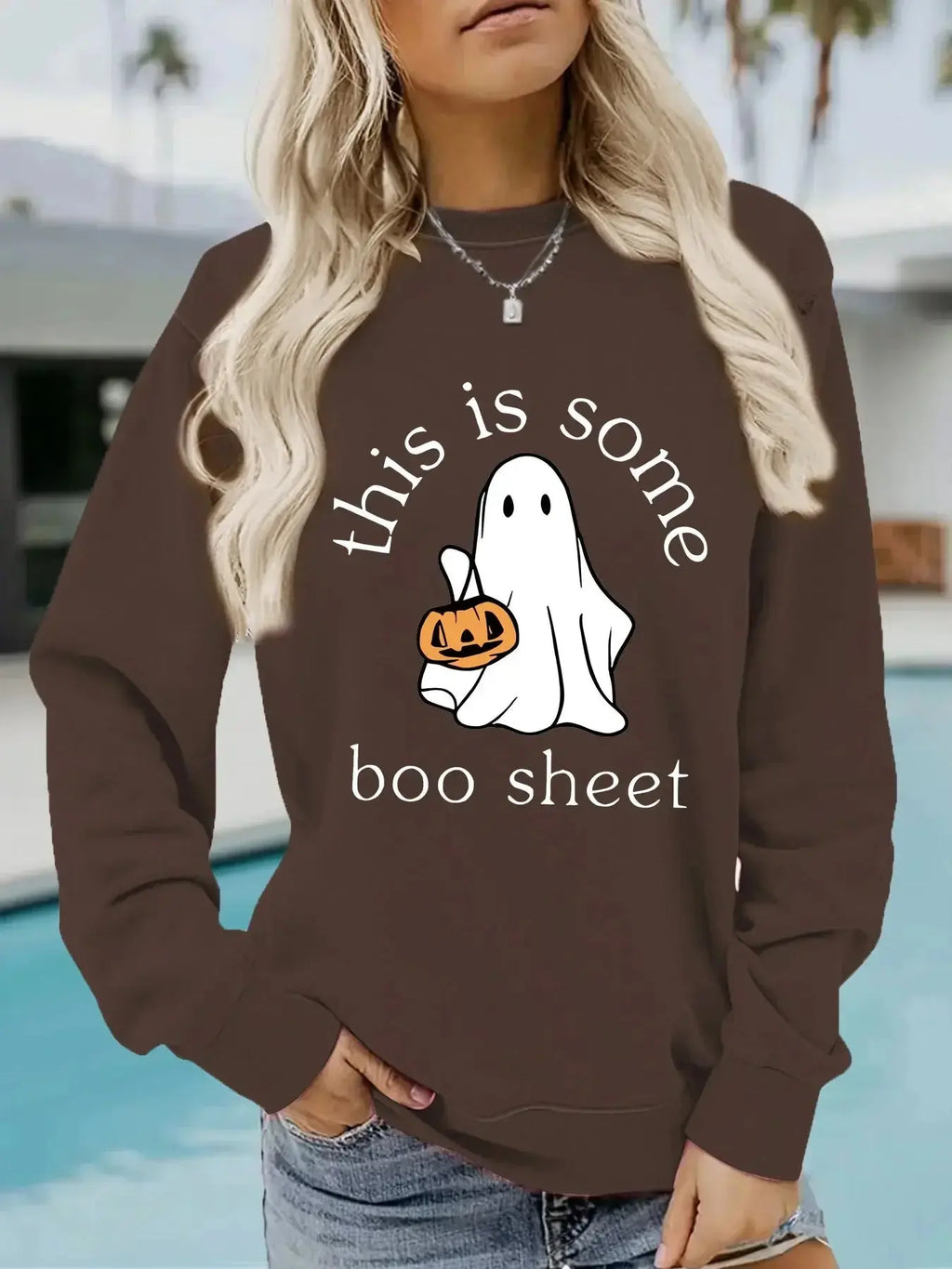 Casual Long Sleeve Boo Sheet Round Neck Halloween Printed Pullover Hoodies - Plush Fashion Hub