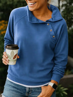 Casual Loose Fashion Solid Color Long-sleeved Button Pullover Slant Collar Sweatshirt - Plush Fashion Hub