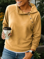 Casual Loose Fashion Solid Color Long-sleeved Button Pullover Slant Collar Sweatshirt - Plush Fashion Hub