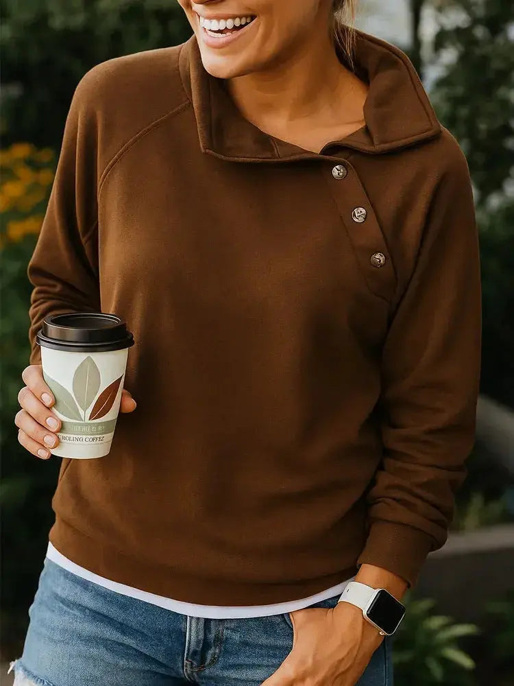 Casual Loose Fashion Solid Color Long-sleeved Button Pullover Slant Collar Sweatshirt - Plush Fashion Hub
