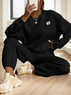 Casual Patch Cable Textured Pants Set, Long Sleeve Crew Neck Sweatshirt - Plush Fashion Hub