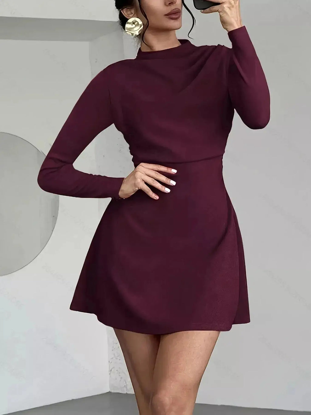 Mock Neck Long Sleeve Mini Dress - Plush Fashion Hub