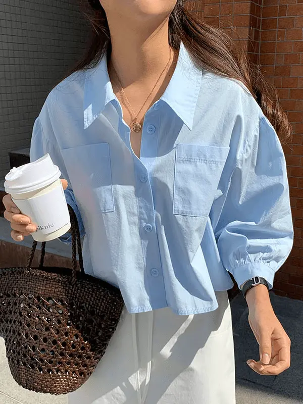 Chic Sky Blue Lapel Casual Shirt Top PAINEVIDA