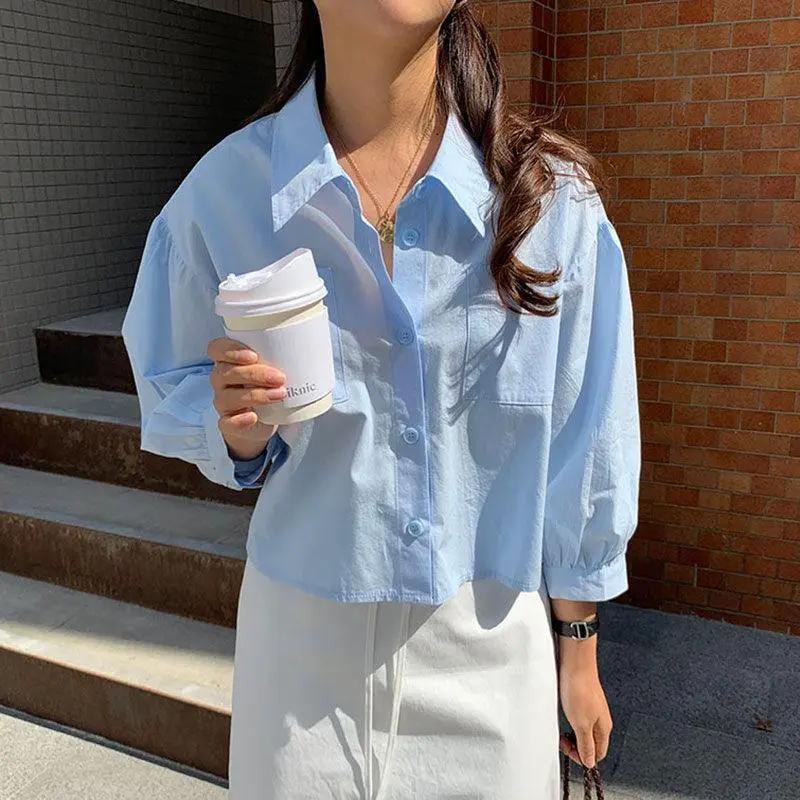 Chic Sky Blue Lapel Casual Shirt Top PAINEVIDA