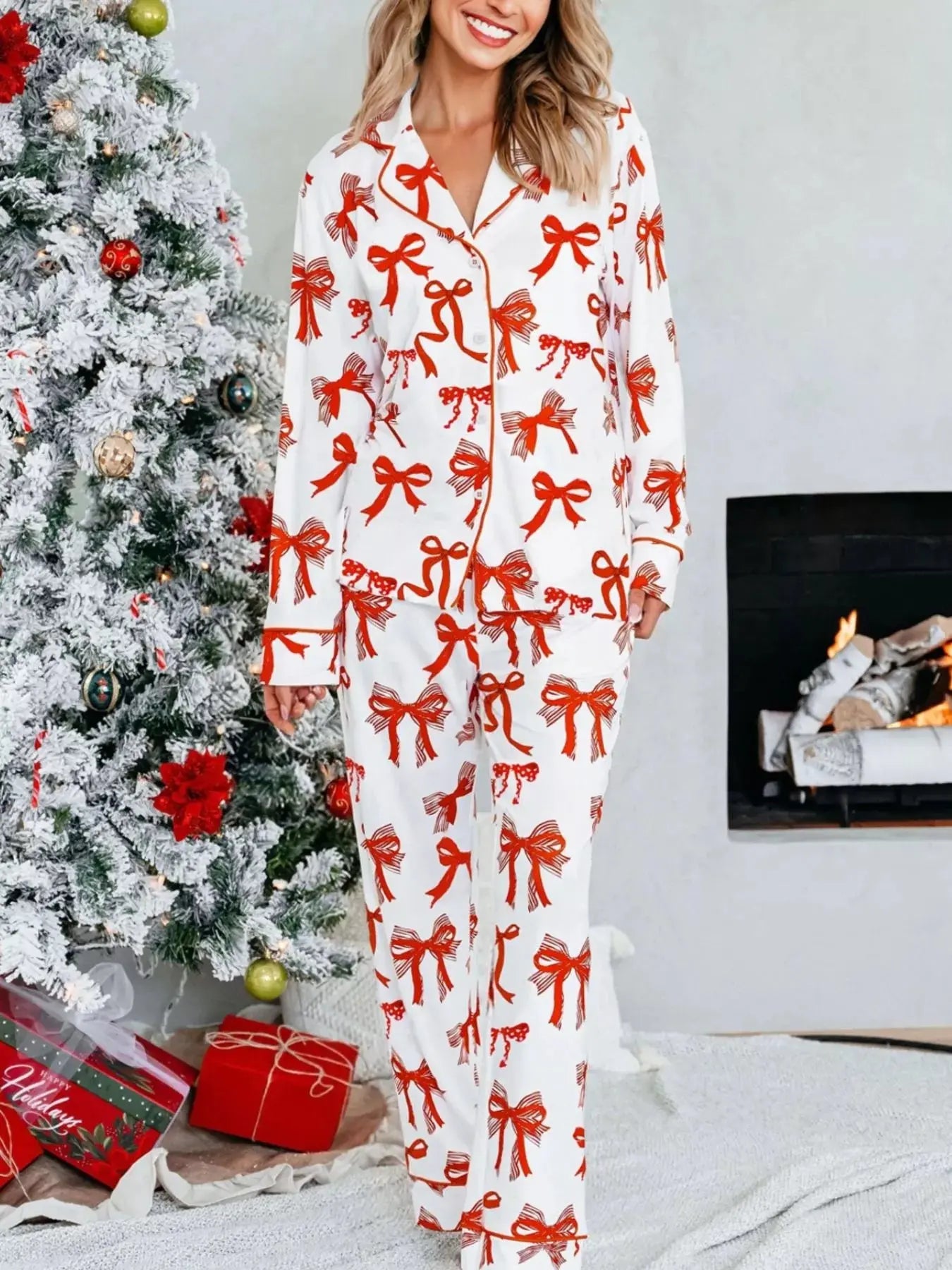 Christmas Bow Print Top and Pants 2pcs Pajama Set - Plush Fashion Hub