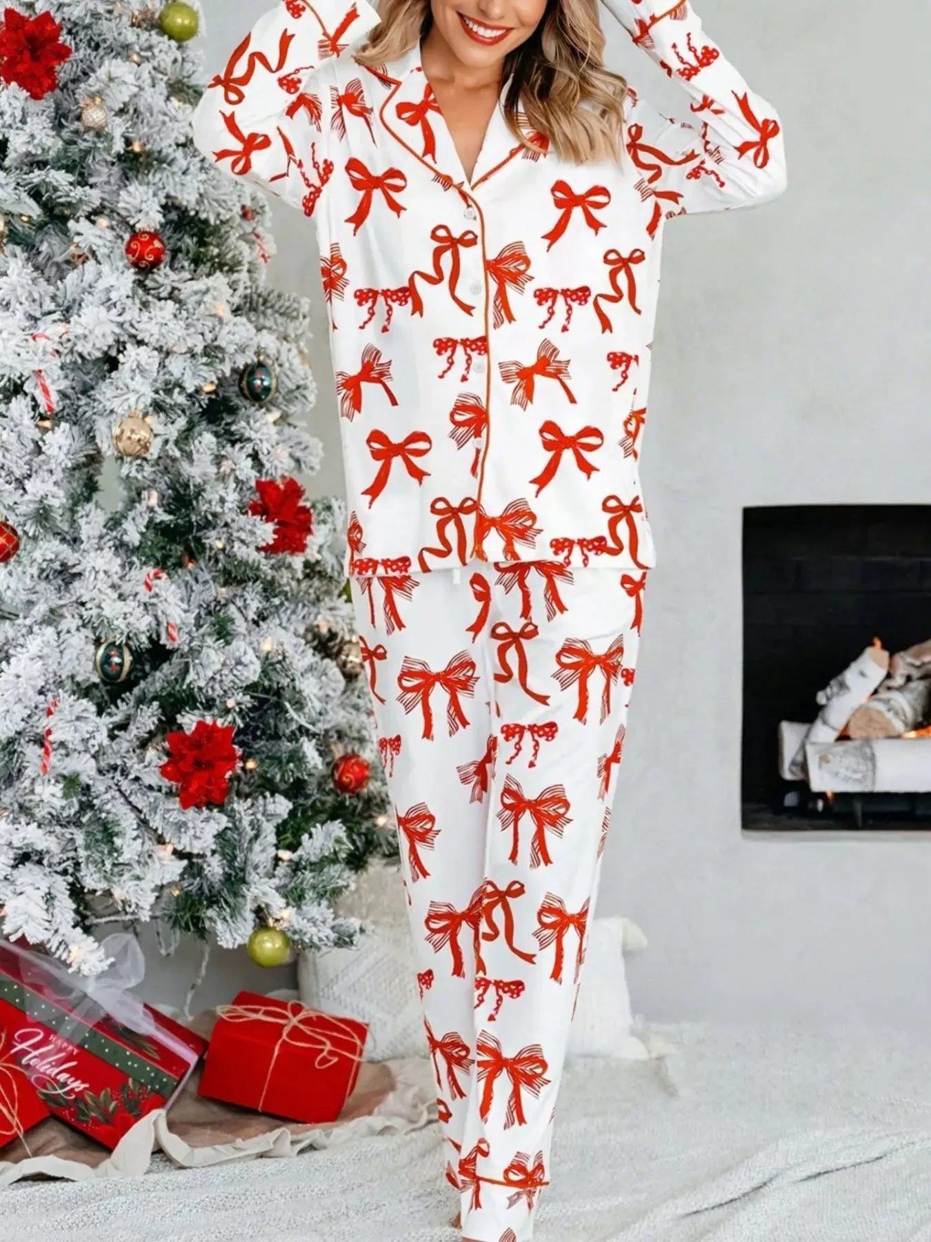 Christmas Bow Print Top and Pants 2pcs Pajama Set - Plush Fashion Hub