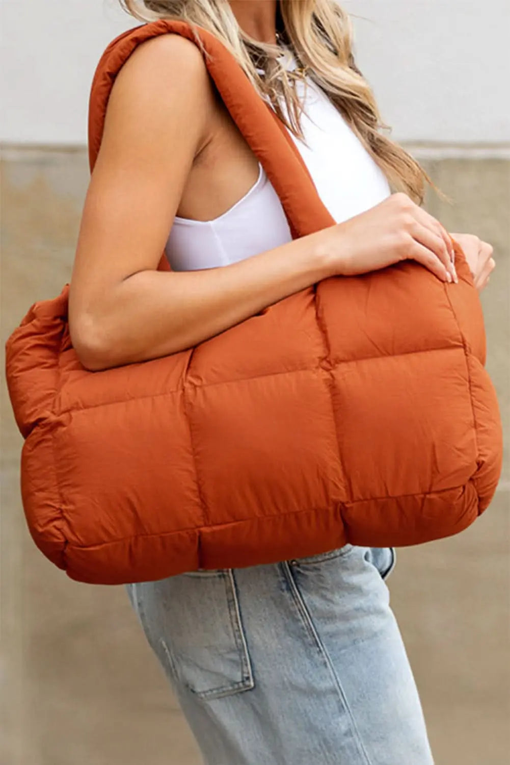 Cinnamon Solid Quilted Puffy Large Tote Bag With Zipper Gilded Glamour Shop