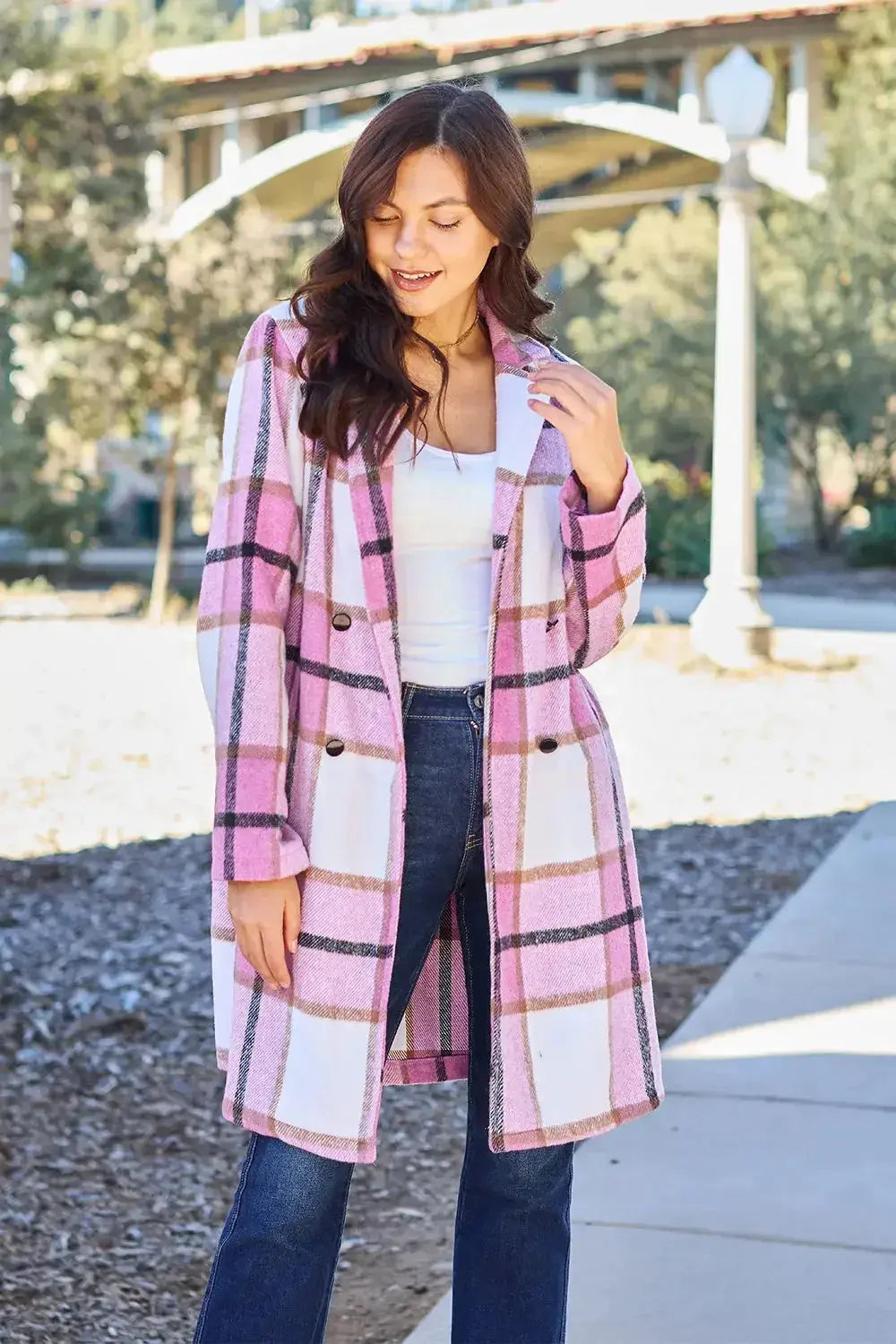 Double Take Full Size Plaid Button Up Lapel Collar Coat - Plush Fashion Hub