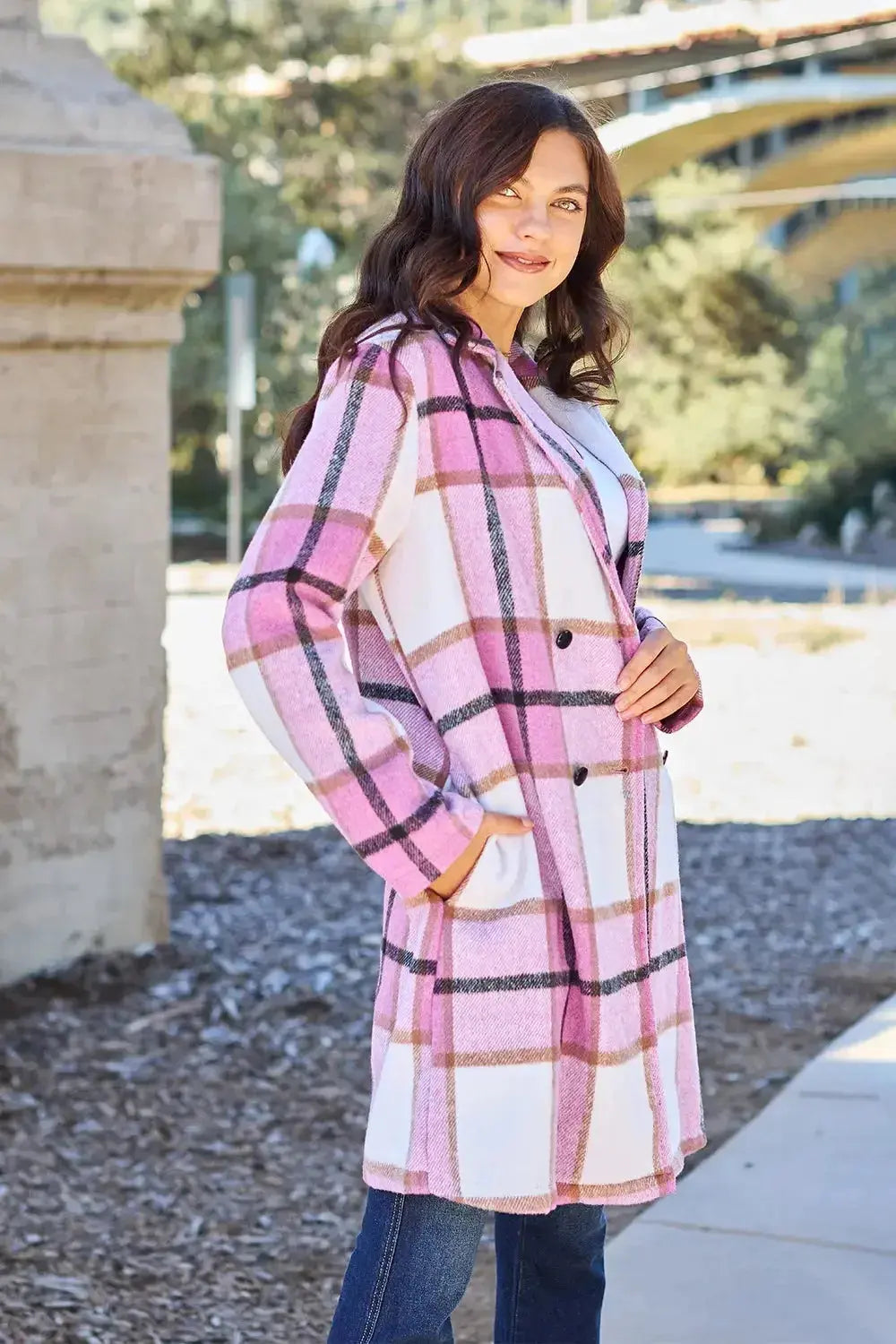 Double Take Full Size Plaid Button Up Lapel Collar Coat - Plush Fashion Hub
