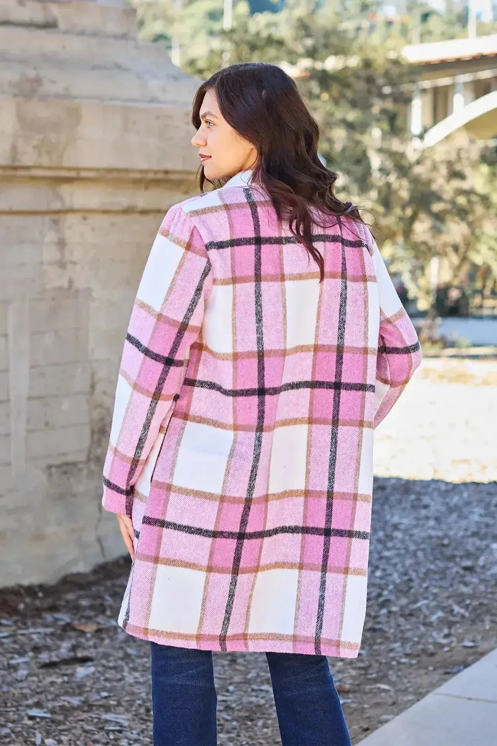 Double Take Full Size Plaid Button Up Lapel Collar Coat - Plush Fashion Hub