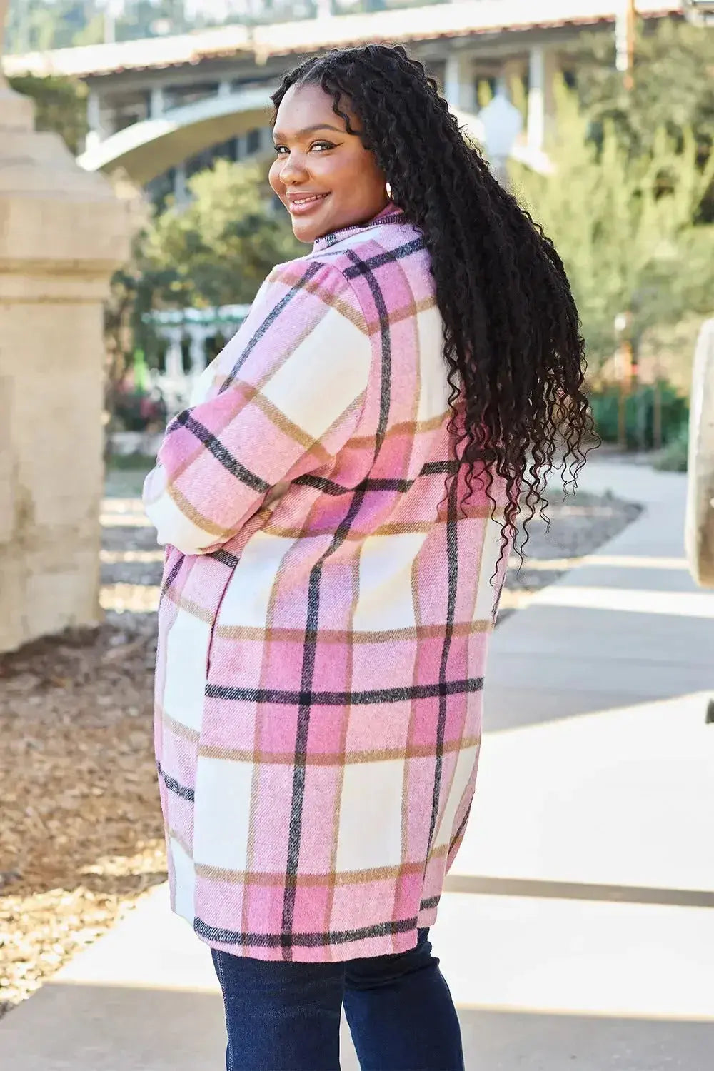 Double Take Full Size Plaid Button Up Lapel Collar Coat - Plush Fashion Hub