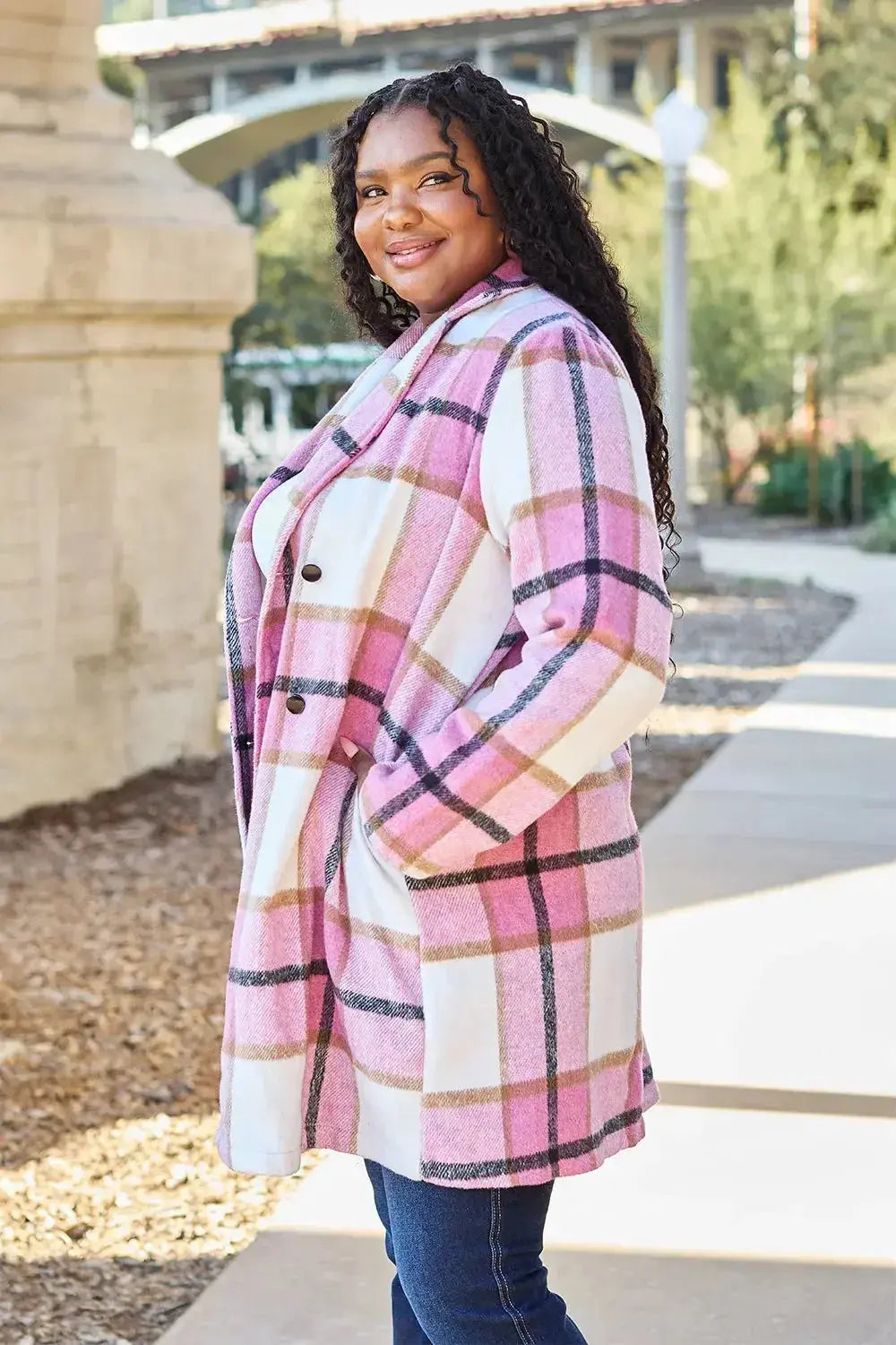 Double Take Full Size Plaid Button Up Lapel Collar Coat - Plush Fashion Hub