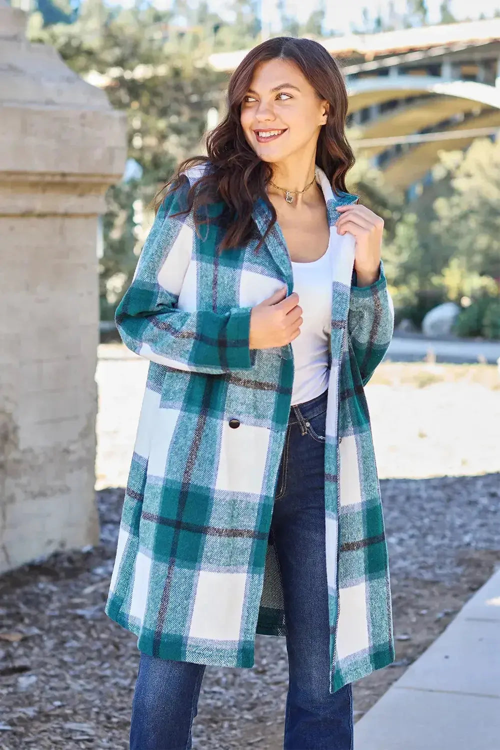 Double Take Full Size Plaid Button Up Lapel Collar Coat - Plush Fashion Hub
