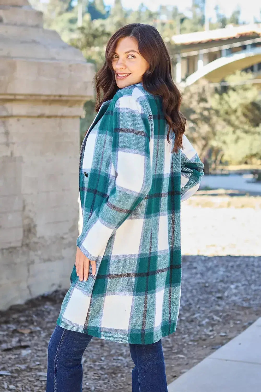 Double Take Full Size Plaid Button Up Lapel Collar Coat - Plush Fashion Hub