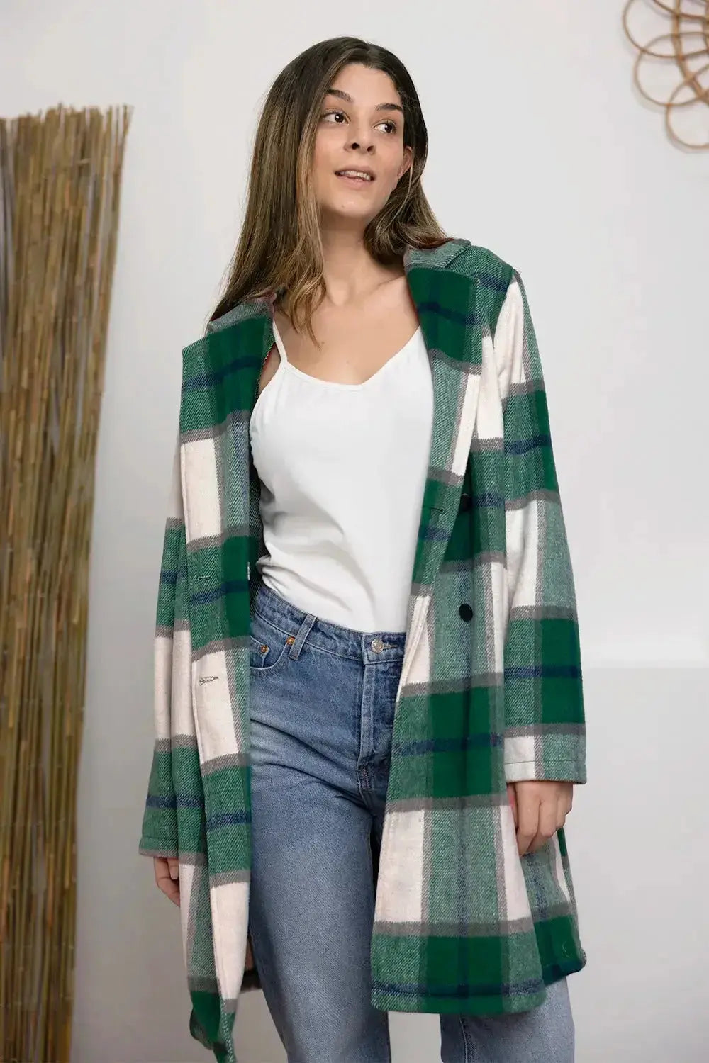 Double Take Full Size Plaid Button Up Lapel Collar Coat - Plush Fashion Hub