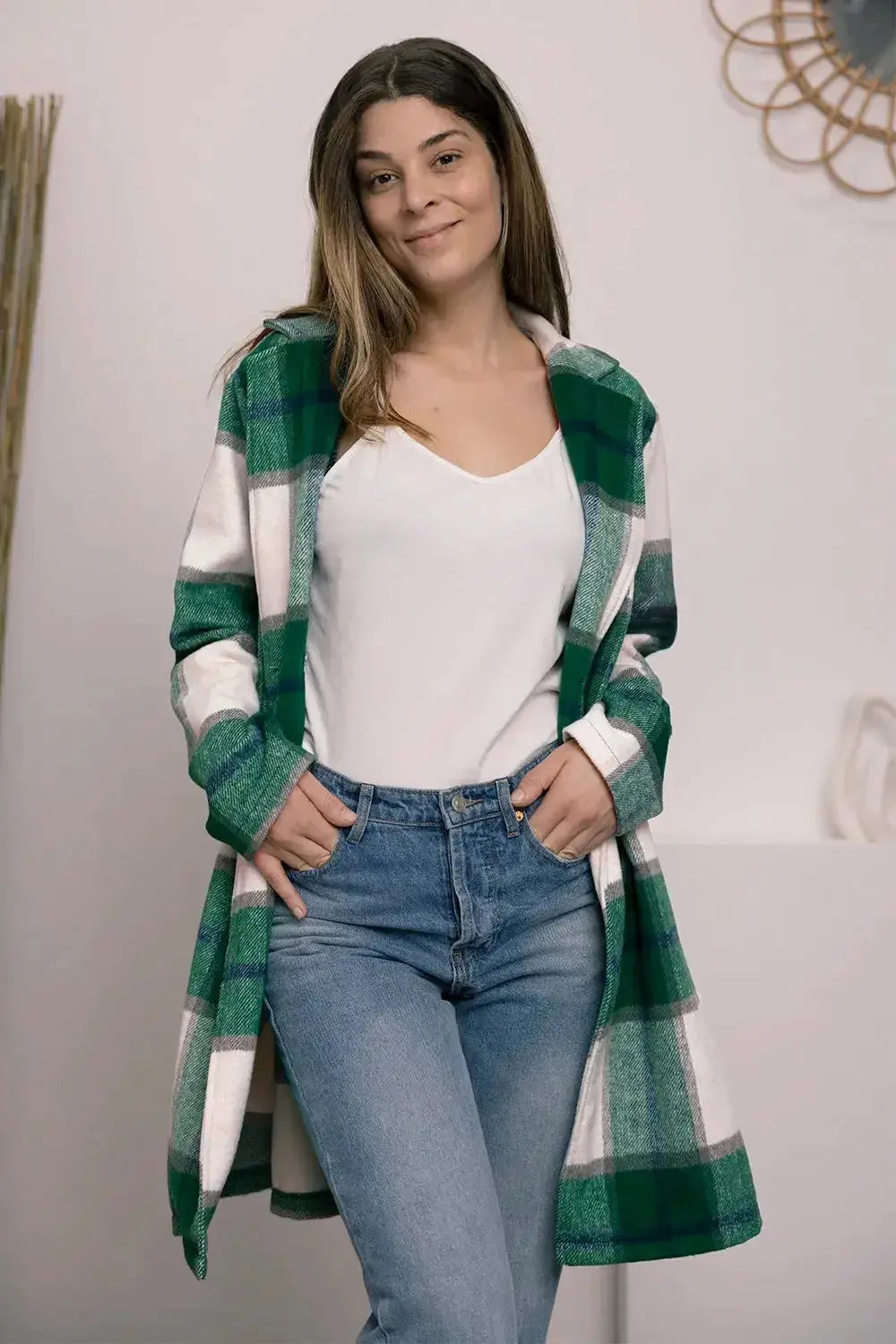 Double Take Full Size Plaid Button Up Lapel Collar Coat - Plush Fashion Hub