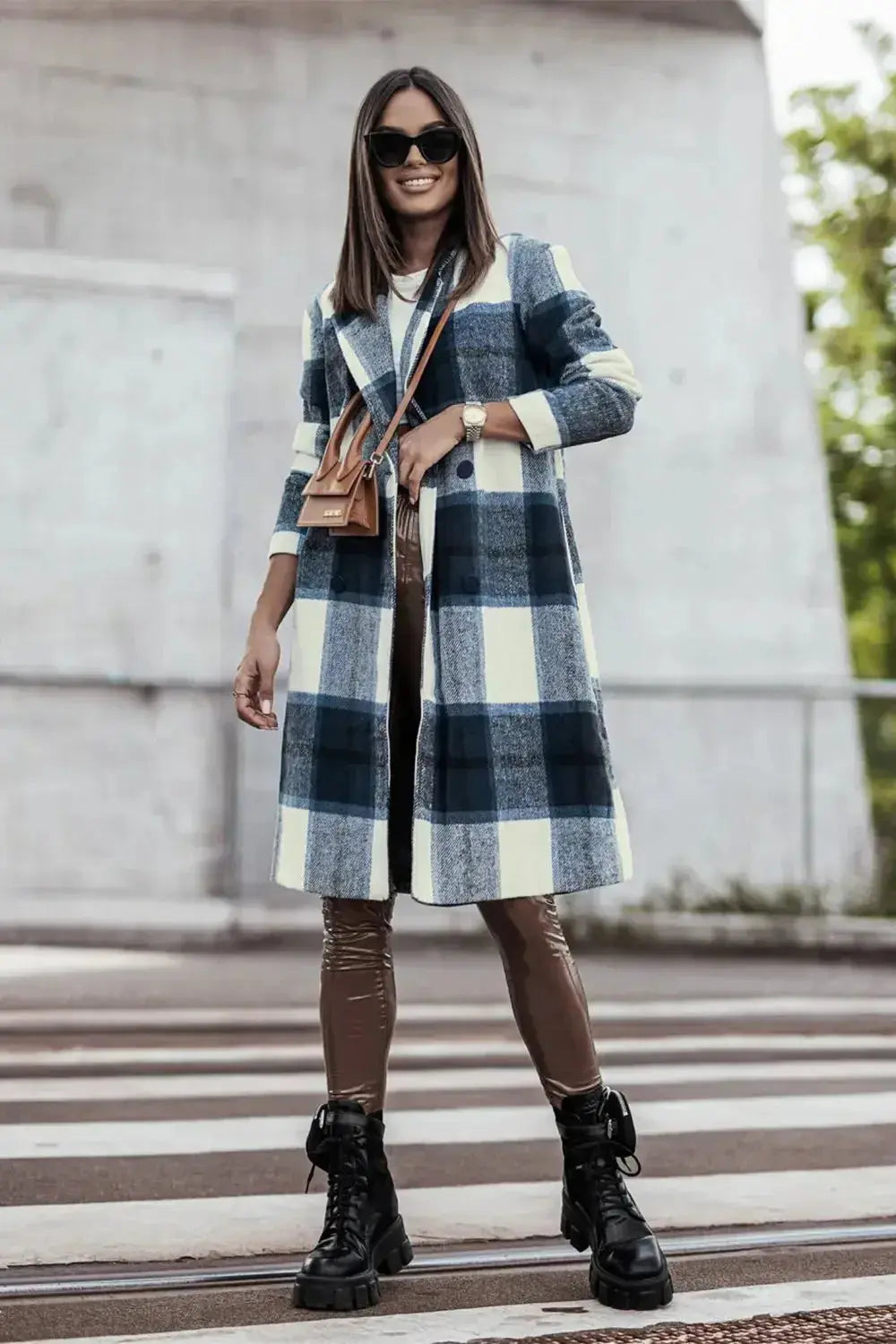 Double Take Full Size Plaid Button Up Lapel Collar Coat - Plush Fashion Hub