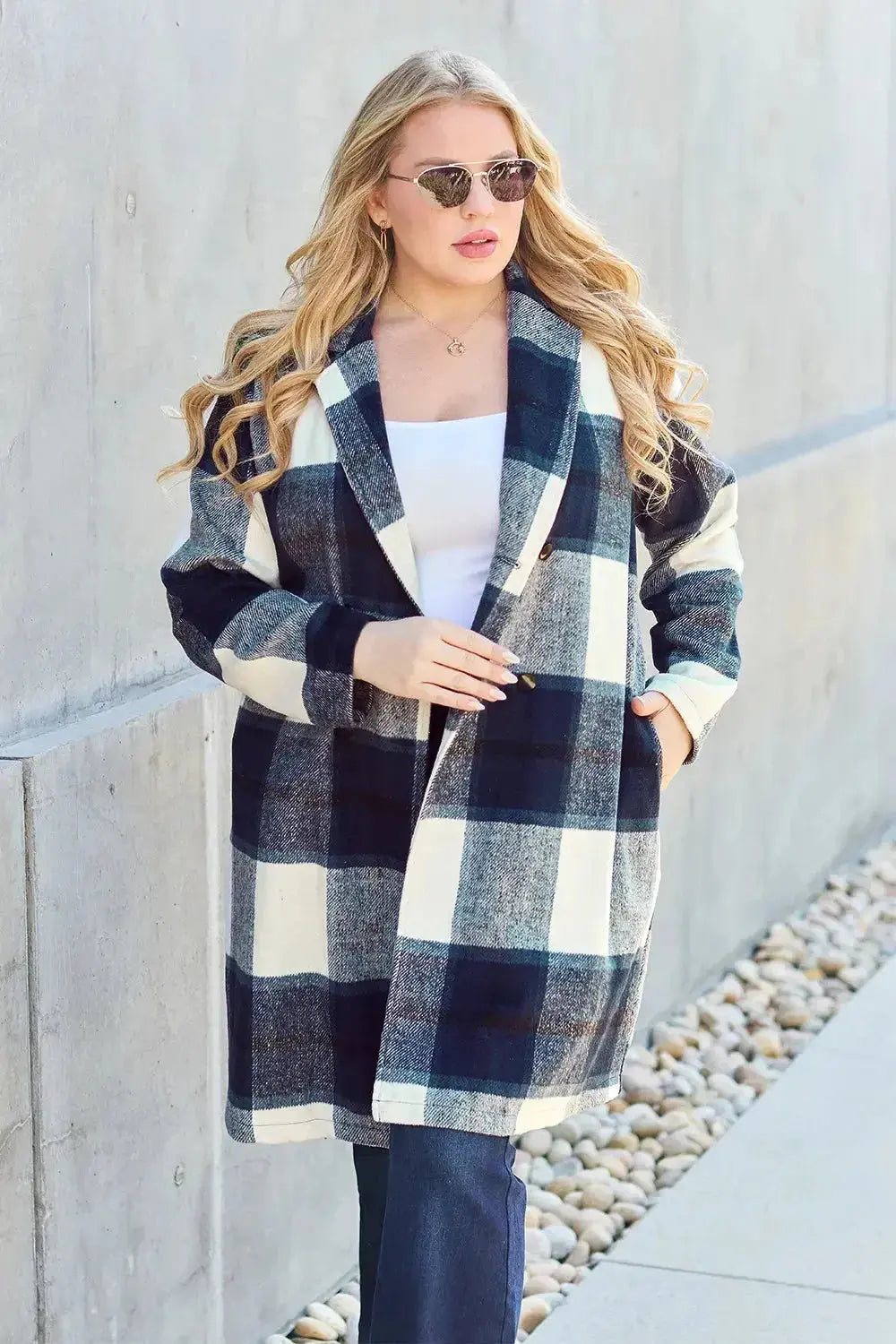 Double Take Full Size Plaid Button Up Lapel Collar Coat - Plush Fashion Hub