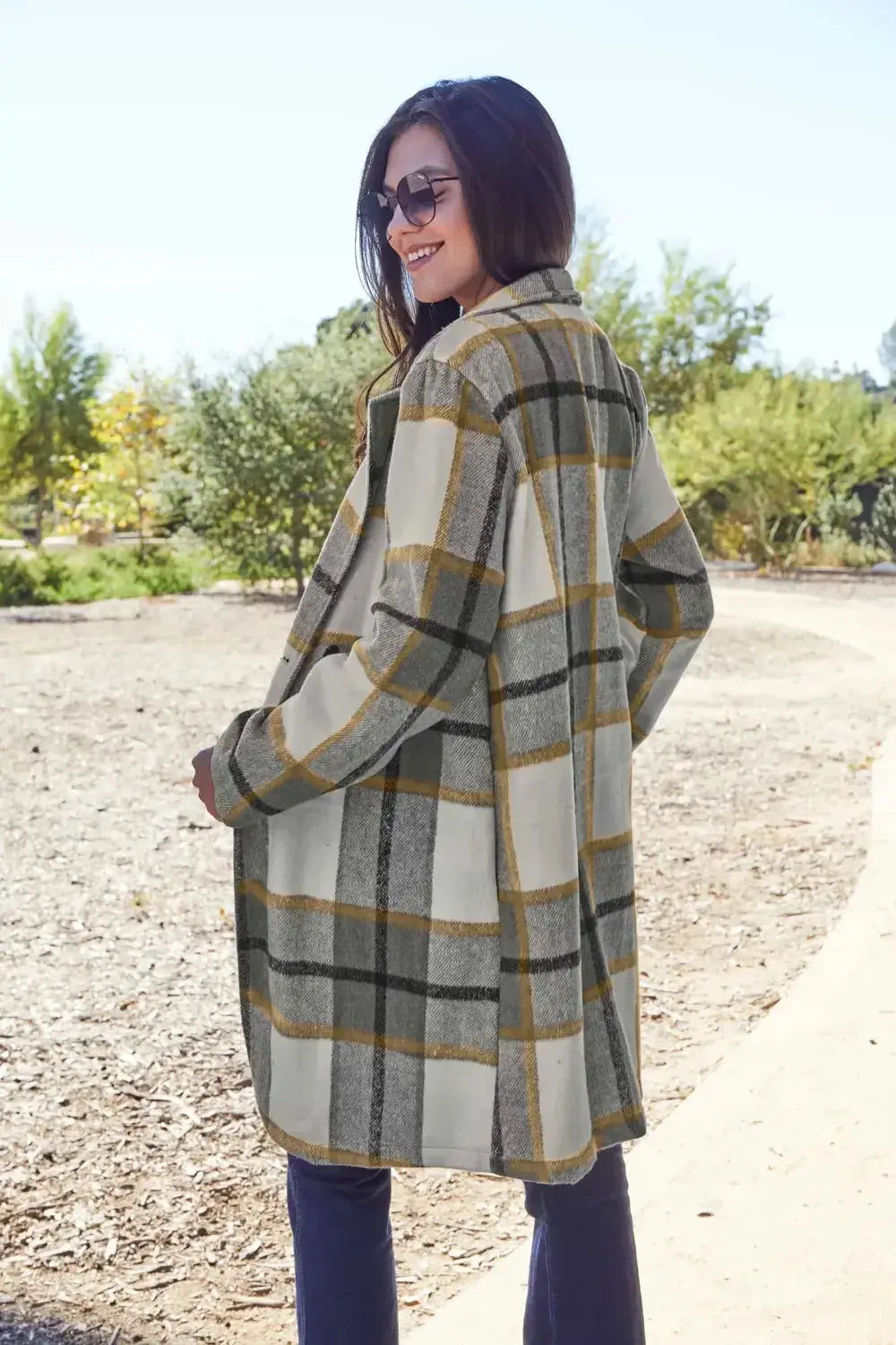 Double Take Full Size Plaid Button Up Lapel Collar Coat - Plush Fashion Hub