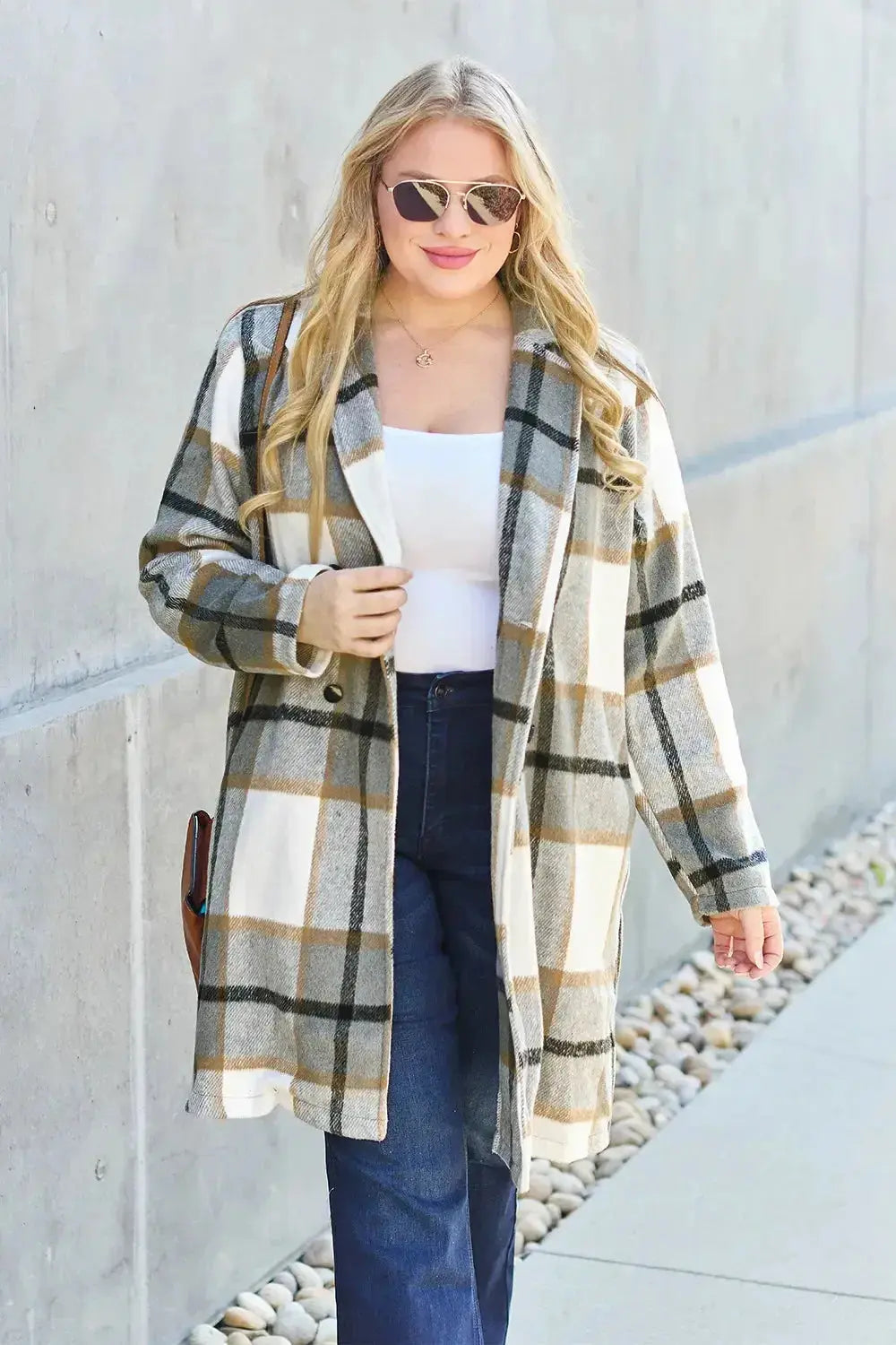 Double Take Full Size Plaid Button Up Lapel Collar Coat - Plush Fashion Hub
