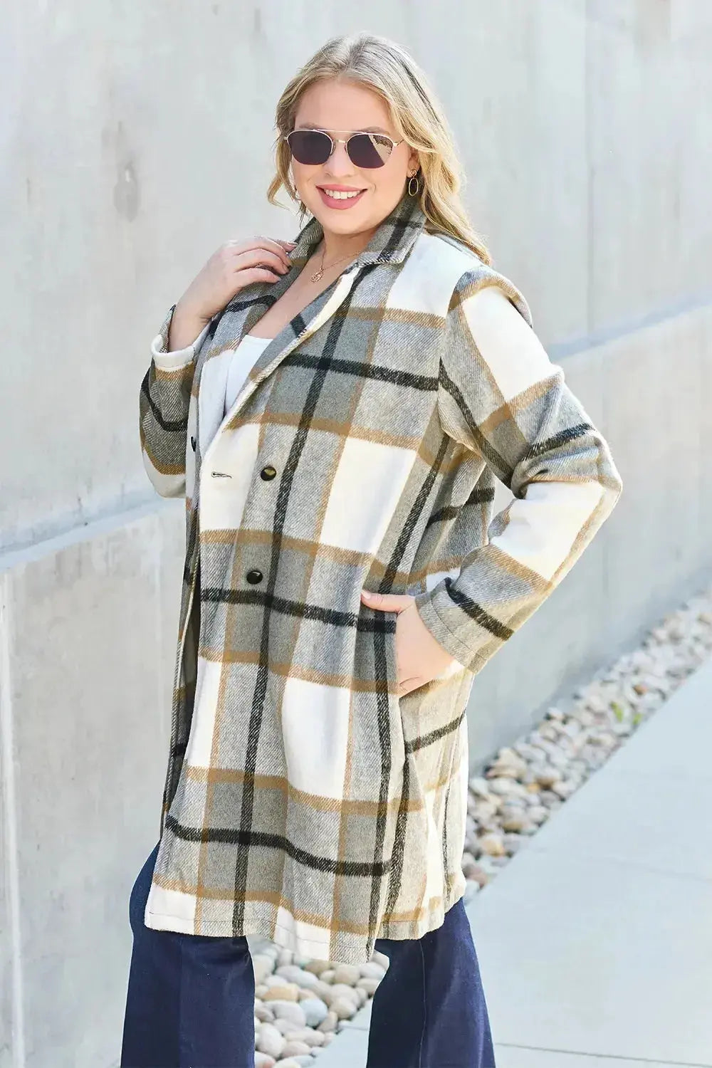 Double Take Full Size Plaid Button Up Lapel Collar Coat - Plush Fashion Hub