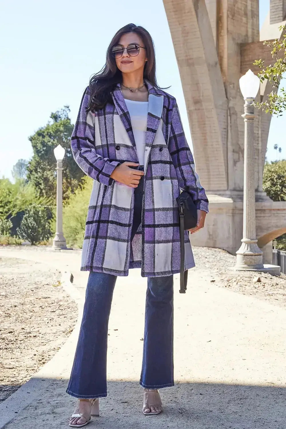 Double Take Full Size Plaid Button Up Lapel Collar Coat - Plush Fashion Hub