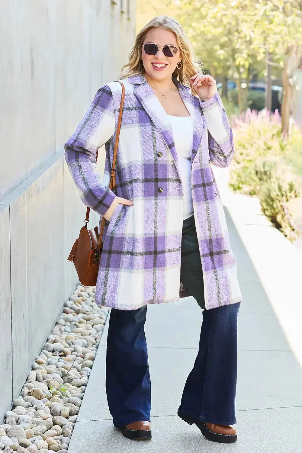Double Take Full Size Plaid Button Up Lapel Collar Coat - Plush Fashion Hub