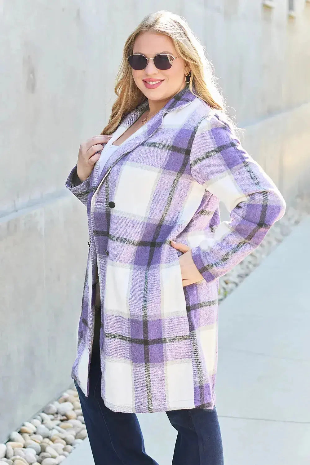 Double Take Full Size Plaid Button Up Lapel Collar Coat - Plush Fashion Hub