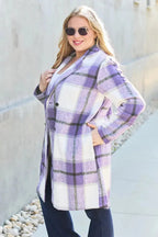 Double Take Full Size Plaid Button Up Lapel Collar Coat - Plush Fashion Hub