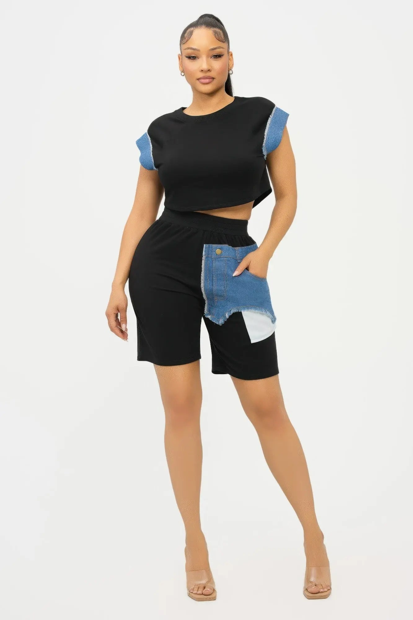 Color Block Denim Sleeve Top And Biker Shorts Set OyeraCharisma