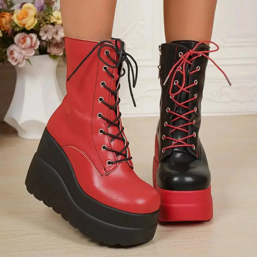 Color Block Platform Wedge Boots - Plush Fashion Hub