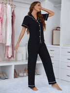Contrast Piping Lapel Collar Short Sleeve Top and Pants Pajama Set - Plush Fashion Hub