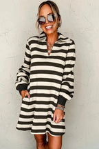 Contrast Striped Johnny Collar Long Sleeve Mini Dress - Plush Fashion Hub