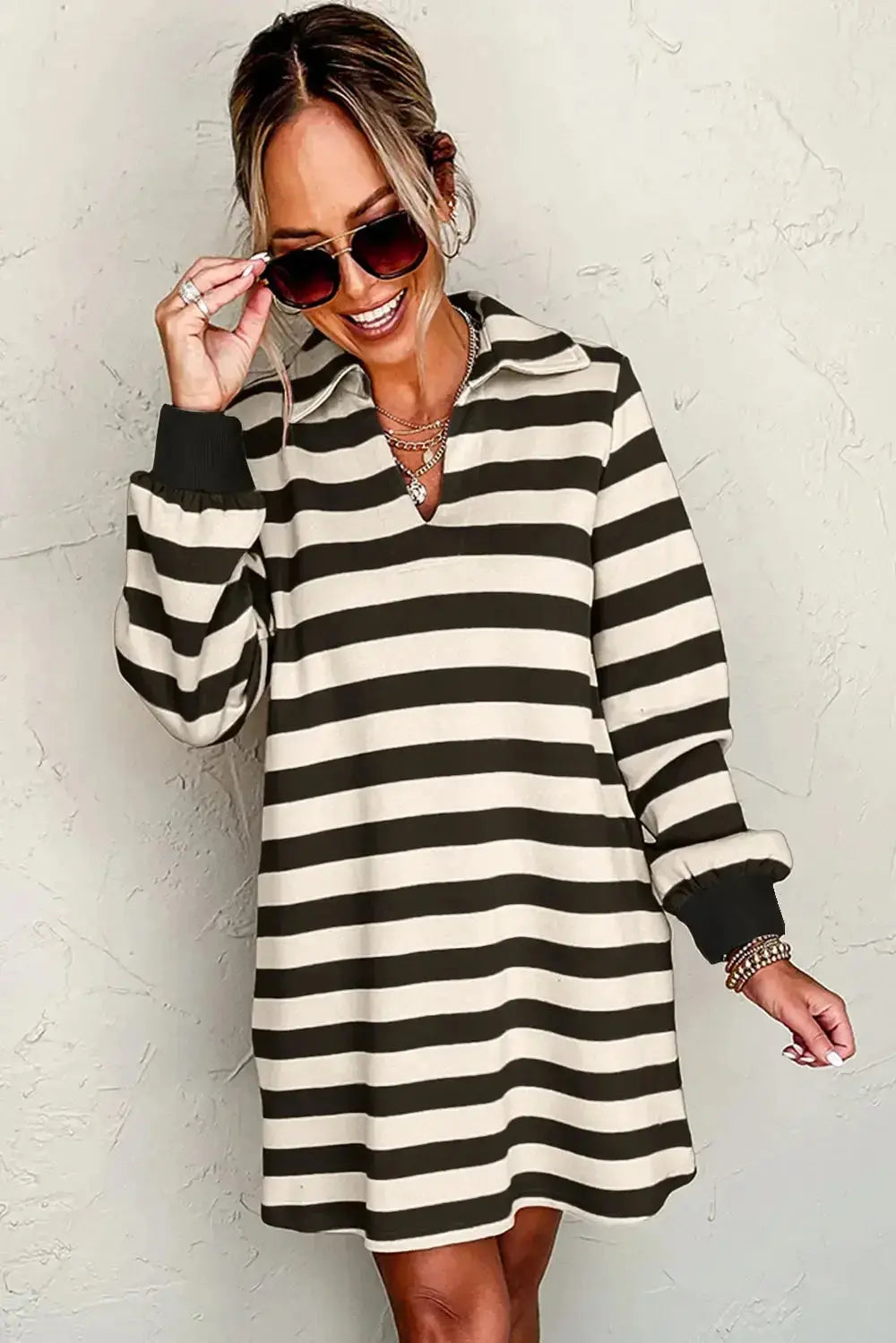 Contrast Striped Johnny Collar Long Sleeve Mini Dress - Plush Fashion Hub