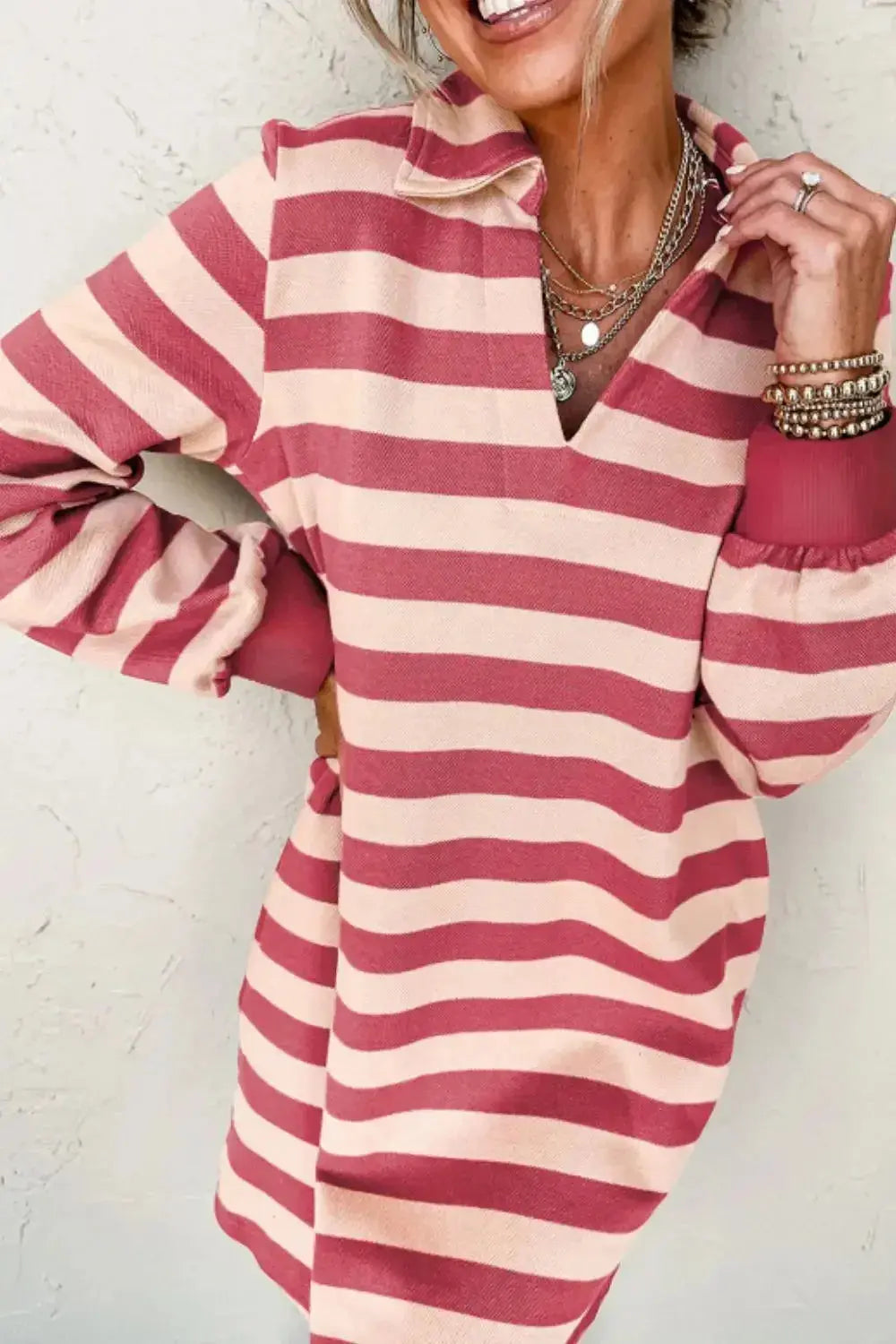 Contrast Striped Johnny Collar Long Sleeve Mini Dress - Plush Fashion Hub