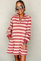 Contrast Striped Johnny Collar Long Sleeve Mini Dress - Plush Fashion Hub
