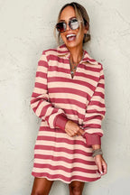Contrast Striped Johnny Collar Long Sleeve Mini Dress - Plush Fashion Hub