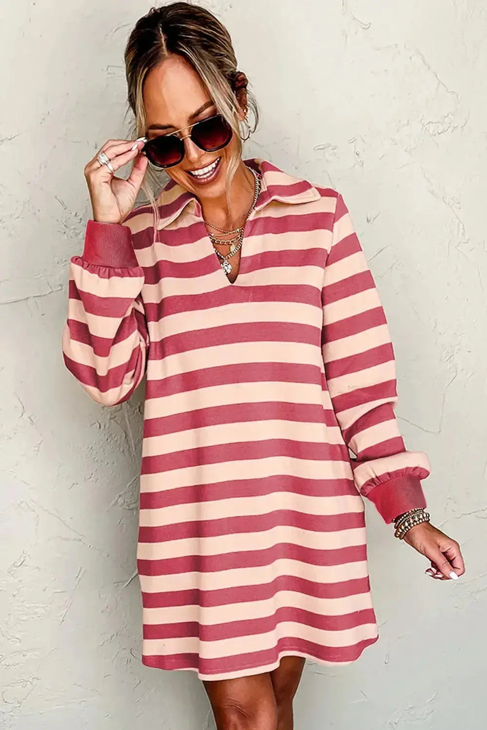 Contrast Striped Johnny Collar Long Sleeve Mini Dress - Plush Fashion Hub
