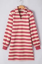 Contrast Striped Johnny Collar Long Sleeve Mini Dress - Plush Fashion Hub