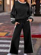 Contrast Trim Round Neck Top and Pants Set - Plush Fashion Hub
