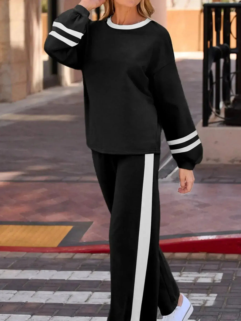 Contrast Trim Round Neck Top and Pants Set - Plush Fashion Hub