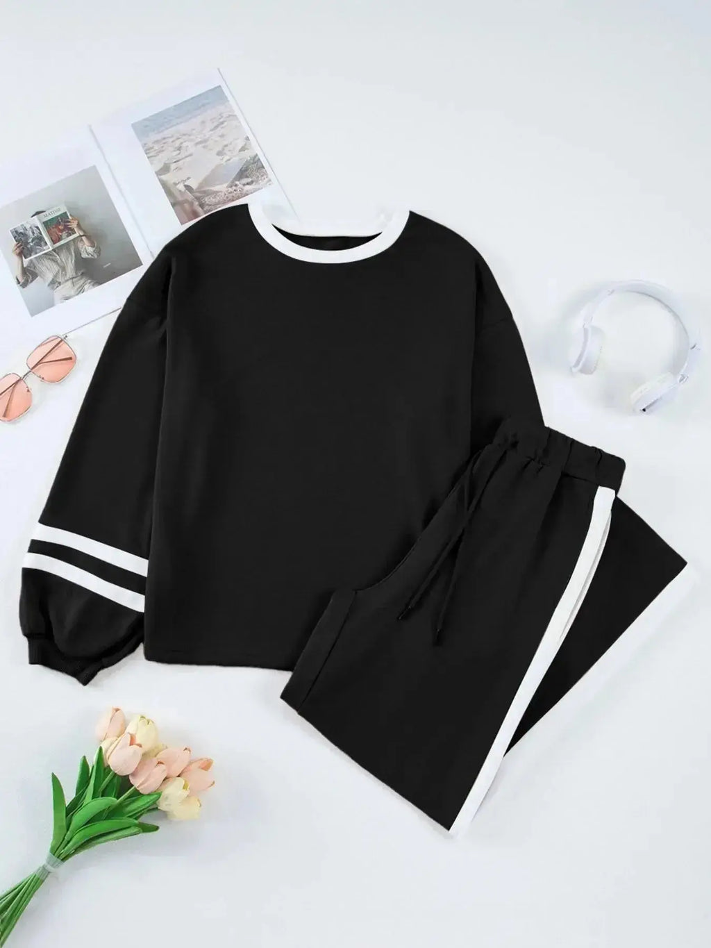 Contrast Trim Round Neck Top and Pants Set - Plush Fashion Hub
