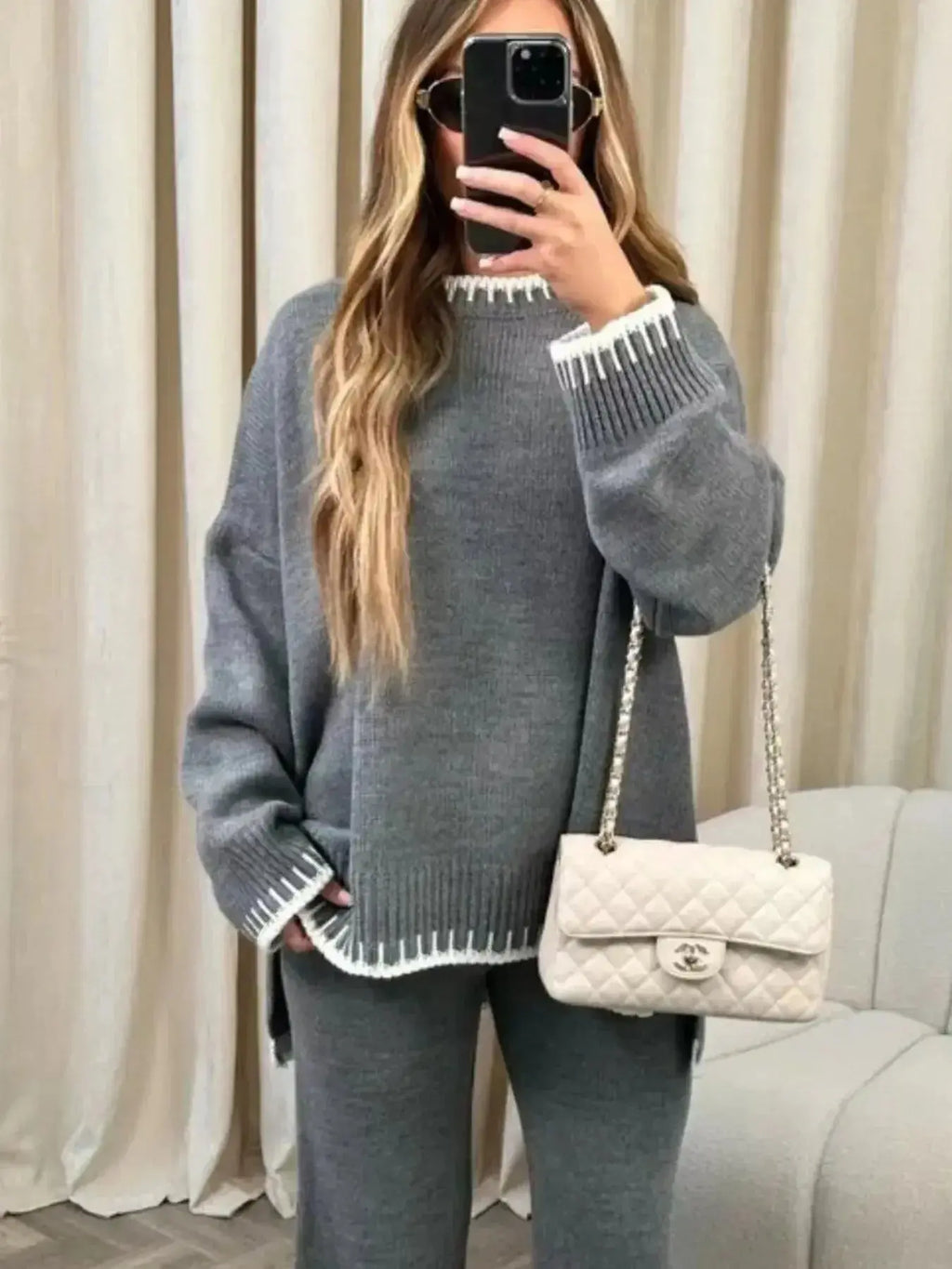 Contrast Trim Round Neck Top and Pants Sweater Set - Plush Fashion Hub